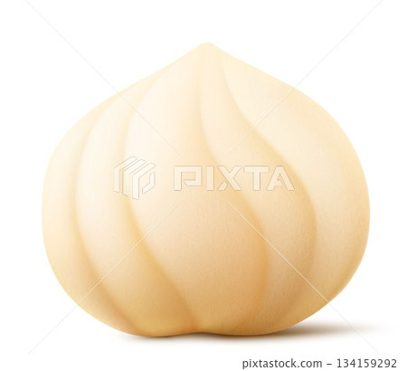 Shelled hazelnut isolated on a white background. Hazelnut in cross section. Hazelnut kernels are ripe and tasty, a healthy treat, a source of protein. For snacks. Realistic 3d vector illustration. 134159292