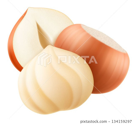 Set of realistic hazelnuts. Whole and half hazelnut isolated on white background. Peeled and unpeeled nuts. Hazelnut kernels are ripe and tasty, a source of protein. 3d vector illustration. 134159297