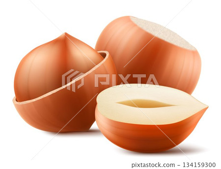 Set of realistic hazelnuts. Whole and half hazelnut isolated on white background. Peeled and unpeeled nuts. Hazelnut kernels are ripe and tasty, a source of protein. 3d vector illustration. Set of realistic hazelnuts. Whole and half hazelnut isolated on white background. Peeled and unpeeled nuts. Hazelnut kernels are ripe and tasty, a source of protein. 3d vector illustration. 134159300