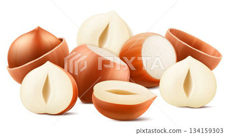 Set of realistic hazelnuts. Whole and half hazelnut isolated on white background. Peeled and unpeeled nuts. Hazelnut kernels are ripe and tasty, a source of protein. 3d vector illustration. 134159303
