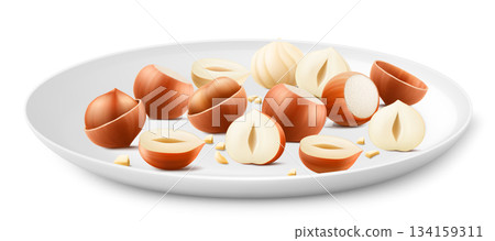 Hazelnuts on a white porcelain plate. Whole and half hazelnut isolated on white background. Peeled and unpeeled nuts. Hazelnut kernels are ripe and tasty, a source of protein. 3d vector illustration. Hazelnuts on a white porcelain plate. Whole and half hazelnut isolated on white background. Peeled and unpeeled nuts. Hazelnut kernels are ripe and tasty, a source of protein. 3d vector illustration. 134159311