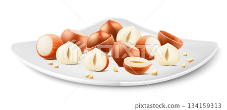 Hazelnuts on a white porcelain plate. Whole and half hazelnut isolated on white background. Peeled and unpeeled nuts. Hazelnut kernels are ripe and tasty, a source of protein. 3d vector illustration. Hazelnuts on a white porcelain plate. Whole and half hazelnut isolated on white background. Peeled and unpeeled nuts. Hazelnut kernels are ripe and tasty, a source of protein. 3d vector illustration. 134159313
