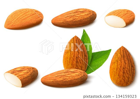 Almond nut composition, different statements. Whole and cracked nuts, hulled and raw kernels and green leaves. Good for labels and stickers, packaging design. Realistic 3d Vector illustration Almond nut composition, different statements. Whole and cracked nuts, hulled and raw kernels and green leaves. Good for labels and stickers, packaging design. Realistic 3d Vector illustration 134159323