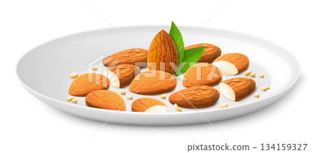 Almond on a white porcelain plate isolated on white background. Peeled dried or fried nuts. Almond kernels are ripe and tasty, a source of protein. Realistic 3d vector illustration. 134159327