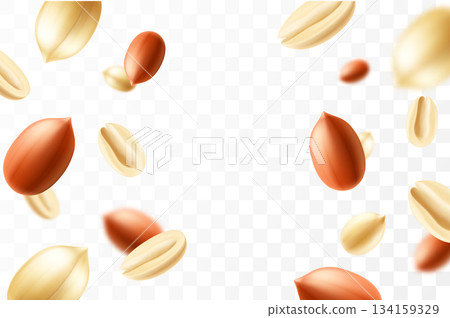 Falling peanuts, isolated on transparent background, selective focus. Flying peanut with blurry effect. Can be used for advertising, packaging, banner, poster. Realistic 3d vector illustration Falling peanuts, isolated on transparent background, selective focus. Flying peanut with blurry effect. Can be used for advertising, packaging, banner, poster. Realistic 3d vector illustration 134159329