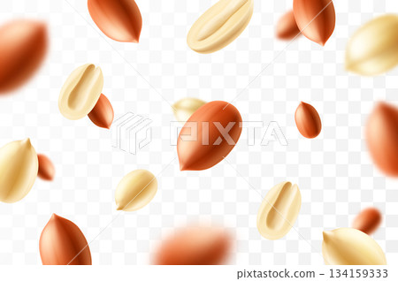 Falling peanuts, isolated on transparent background, selective focus. Flying peanut with blurry effect. Can be used for advertising, packaging, banner, poster. Realistic 3d vector illustration 134159333