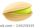 Realistic pistachios in 3d style. Roasted pistachios in shell isolated on white background. Natural organic food. Design element for nuts packaging, advertising, etc. Vector illustration. 134159335