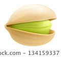 Realistic pistachio in 3d style. Roasted pistachios in shell isolated on white background. Natural organic food. Design element for nuts packaging, advertising, etc. Vector illustration. 134159337
