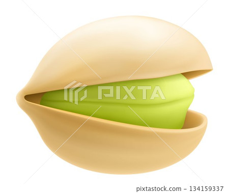 Realistic pistachio in 3d style. Roasted pistachios in shell isolated on white background. Natural organic food. Design element for nuts packaging, advertising, etc. Vector illustration. 134159337