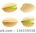 Set of realistic pistachios in 3d style. Pistachios in shell and without shell isolated on white background. Natural organic food. Design element for nuts packaging, advertising. Vector illustration. 134159338