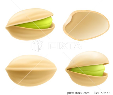 Set of realistic pistachios in 3d style. Pistachios in shell and without shell isolated on white background. Natural organic food. Design element for nuts packaging, advertising. Vector illustration. 134159338