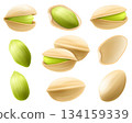 Set of realistic pistachios in 3d style. Pistachios in shell and without shell isolated on white background. Natural organic food. Design element for nuts packaging, advertising. Vector illustration. 134159339