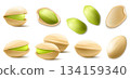 Set of realistic pistachios in 3d style. Pistachios in shell and without shell isolated on white background. Natural organic food. Design element for nuts packaging, advertising. Vector illustration. 134159340