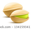 Realistic pistachio with shadow in 3d style. Roasted pistachios in shell isolated on white background. Natural organic food. Design element for nuts packaging, advertising, etc. Vector illustration. 134159341