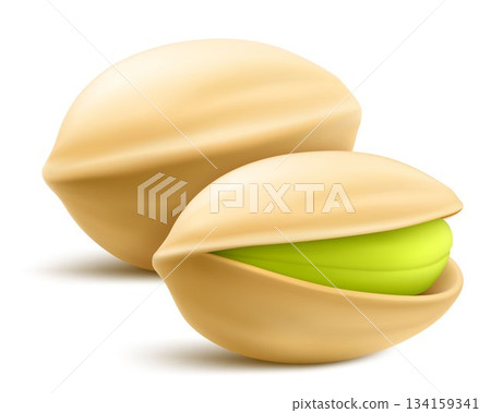 Realistic pistachio with shadow in 3d style. Roasted pistachios in shell isolated on white background. Natural organic food. Design element for nuts packaging, advertising, etc. Vector illustration. 134159341