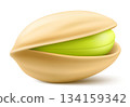 Realistic pistachio with shadow in 3d style. Roasted pistachios in shell isolated on white background. Natural organic food. Design element for nuts packaging, advertising, etc. Vector illustration. 134159342