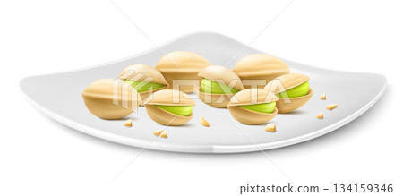Pistachios on a white porcelain plate isolated on white background. Natural organic food. Realistic nuts. pistachio kernels are ripe and tasty, a source of protein. 3d vector illustration. Pistachios on a white porcelain plate isolated on white background. Natural organic food. Realistic nuts. pistachio kernels are ripe and tasty, a source of protein. 3d vector illustration. 134159346