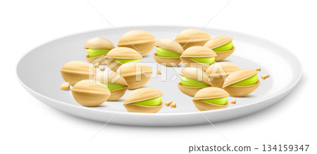 Pistachios on a white porcelain plate isolated on white background. Natural organic food. Realistic nuts. pistachio kernels are ripe and tasty, a source of protein. 3d vector illustration. 134159347