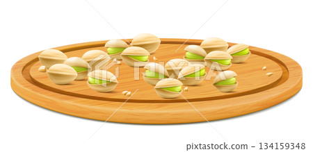 Pistachios on a wooden tray or cutting board. Pistachios in shell isolated on white background. Realistic nuts. Pistachios kernels are ripe and tasty, a source of protein. 3d vector illustration. Pistachios on a wooden tray or cutting board. Pistachios in shell isolated on white background. Realistic nuts. Pistachios kernels are ripe and tasty, a source of protein. 3d vector illustration. 134159348