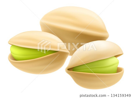 Set of realistic pistachios in 3d style. Pistachios in shell with shadow isolated on white background. Natural organic food. Design element for nuts packaging, advertising. Vector illustration. 134159349