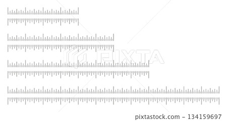 Set of measuring chart with 4, 6, 8, 12 inches. Ruler black scales. Sewing tool mockup. Length measurement math, distance, height ruler pattern. Graphic flat minimalist illustration isolated on white. 134159697