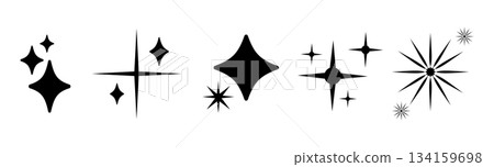 Shine retro icons set. Shine, sparkle black stars on a white background. Sparkle star minimalist symbols collection. Blink twinkle, sunburst star flat shapes. Magic light flare simple templates pack. 134159698