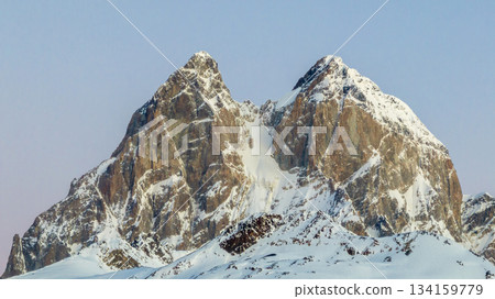 Ushba mountain. The double-headed mountain peak. Georgia. 134159779