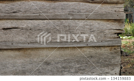 a section of a wooden outbuilding wall or an old fence made of gray, dry, weathered, dilapidated boards with a distinct wood grain, deep cracks, and a sawn-wood pattern a section of a wooden outbuilding wall or an old fence made of gray, dry, weathered, dilapidated boards with a distinct wood grain, deep cracks, and a sawn-wood pattern 134159883