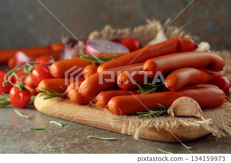 Thin smoked sausages with tomatoes, onion, garlic, and rosemary. 134159973
