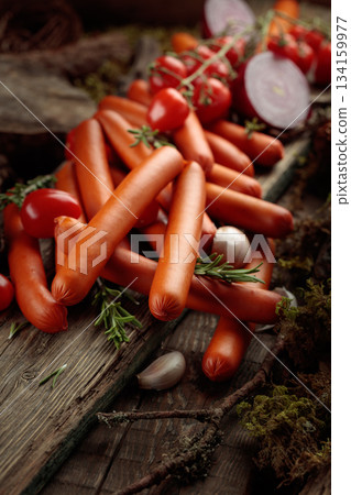 Smoked sausages with tomatoes, onion, garlic, and rosemary on an old board. Smoked sausages with tomatoes, onion, garlic, and rosemary on an old board. 134159977