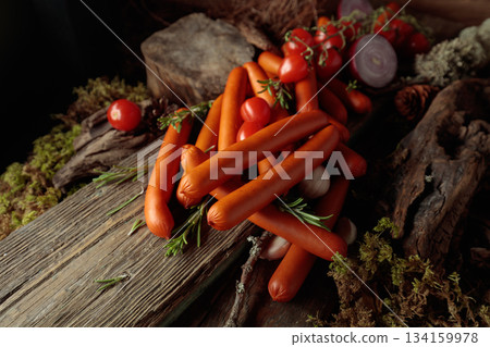 Smoked sausages with tomatoes, onion, garlic, and rosemary on an old board. 134159978