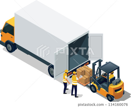 Forklift loading wooden boxes into container truck Forklift loading wooden boxes into container truck 134160076