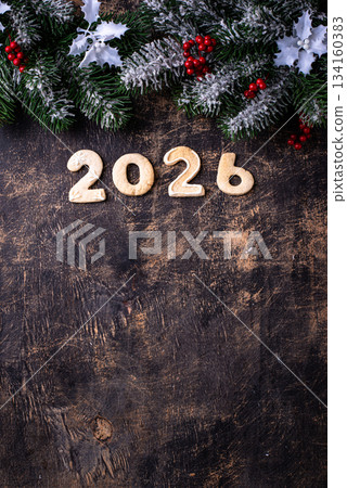 Festive New Year's cookies in the shape of 2026 134160383