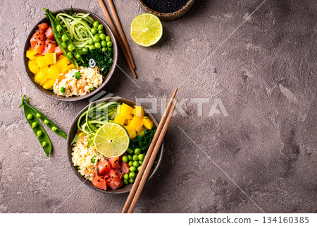 Healthy bowl with salmon and vegetables 134160385