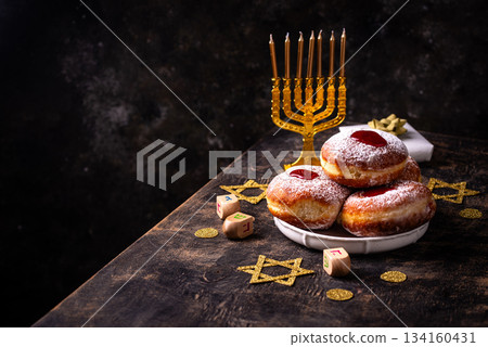 Traditional Jewish holiday Hanukkah background 134160431