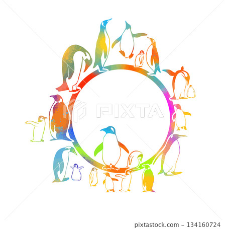 Round frame with colored penguins. penguin family. Hand drawn. Not AI, vector illustration. 134160724