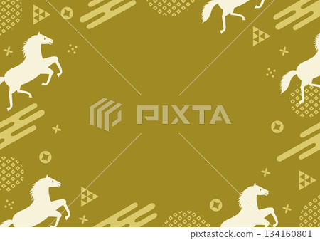 A pop frame with a running horse and Japanese patterns, inspired by the Year of the Horse, yellow 134160801
