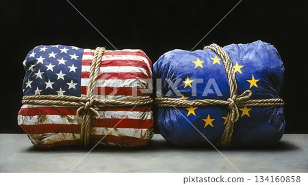 USA and EU trade conflict symbolized by bundled flag packs. 134160858