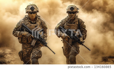 Soldiers Marching Through Dust in Conflict Zone 134160865