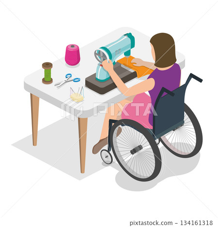 3D Isometric Flat Vector Illustration of Disabled Character and Household Chores, Home Tasks Completion. Item 3 3D Isometric Flat Vector Illustration of Disabled Character and Household Chores, Home Tasks Completion. Item 3 134161318