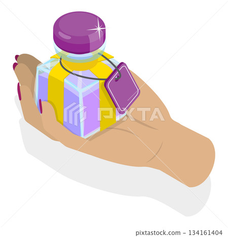 3D Isometric Flat Vector Illustration of Perfume Bottles, Perfumes Held By Female Hands. Item 4 3D Isometric Flat Vector Illustration of Perfume Bottles, Perfumes Held By Female Hands. Item 4 134161404