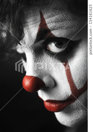 Close up view of a clown with dramatic makeup and intense expression during evening performance Close up view of a clown with dramatic makeup and intense expression during evening performance 134161625