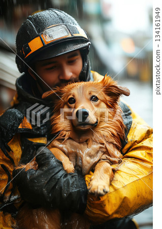 Rescuer saves frightened dog during city flood in difficult weather conditions Rescuer saves frightened dog during city flood in difficult weather conditions 134161949