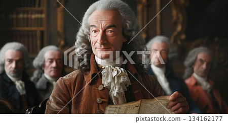 Voltaire reciting poetry to an attentive audience in a historical setting. Header banner mockup with copy space. Voltaire reciting poetry to an attentive audience in a historical setting. Header banner mockup with copy space. 134162177