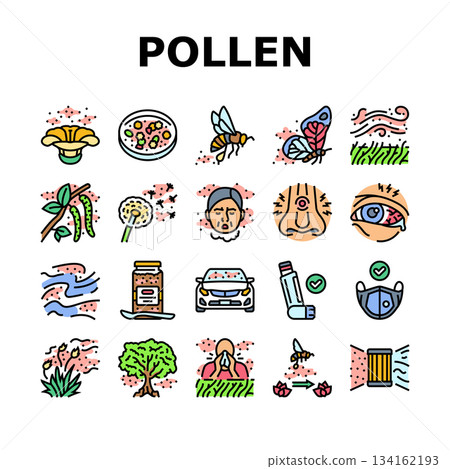pollen allergy bees flowers icons set vector 134162193