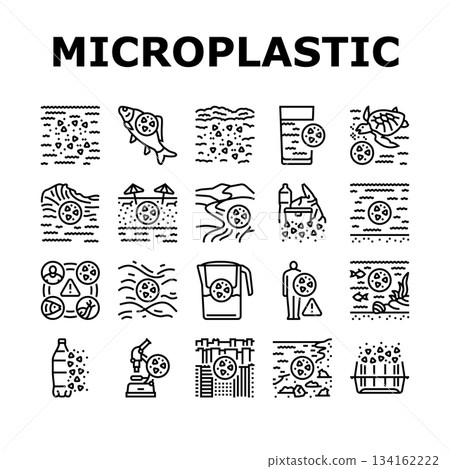 microplastic pollution ocean icons set vector microplastic pollution ocean icons set vector 134162222