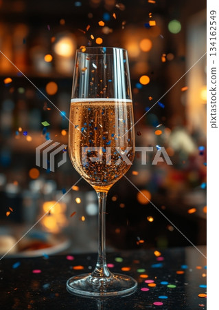 Glass of champagne on table with confetti is various colors and sizes, creating festive and celebratory atmosphere Glass of champagne on table with confetti is various colors and sizes, creating festive and celebratory atmosphere 134162549
