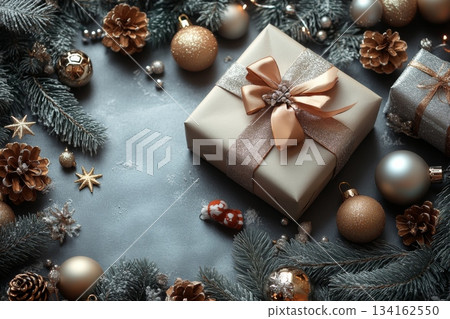 Blue background with Christmas frame of pine needles, gifts and pine cones with copy space Blue background with Christmas frame of pine needles, gifts and pine cones with copy space 134162550