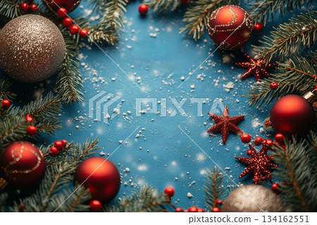 Blue background with red and gold Christmas ornaments. Copy space Blue background with red and gold Christmas ornaments. Copy space 134162551