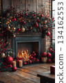 Lit fireplace is decorated with red and gold christmas ornaments, candles. Warm and cozy, perfect for the holiday season 134162553
